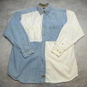 Vintage County Seat Colorblock Denim Button Down Shirt Mens Small Blue White 90s